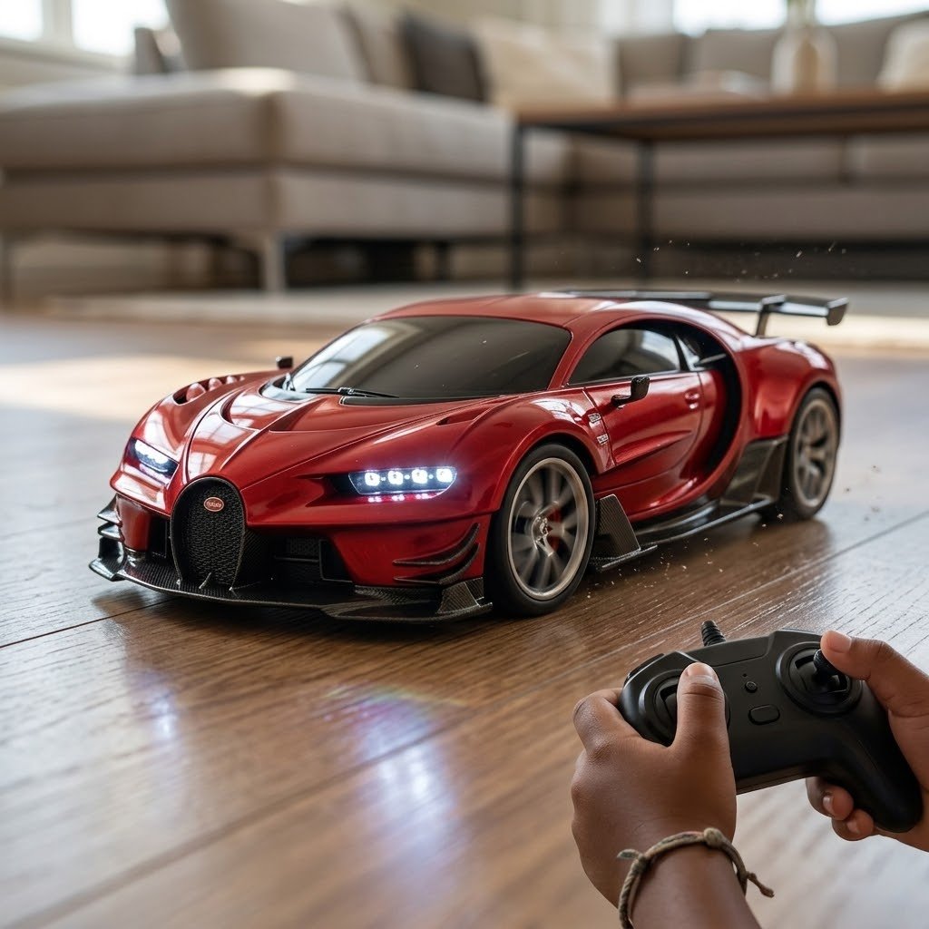 Coche de carreras teledirigido rojo de 22 cm con faros LED encendidos deslizándose a alta velocidad por el suelo de madera
