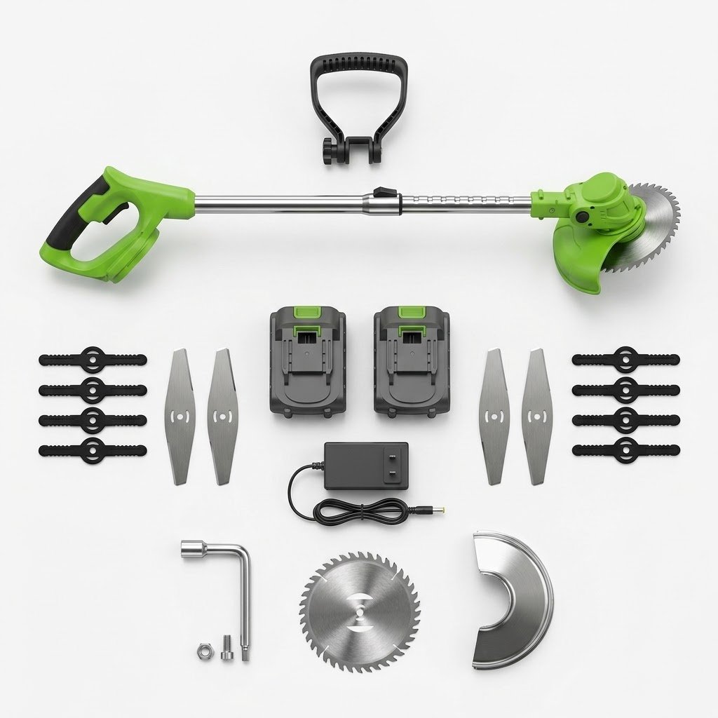 Kit completo RoçaMax Pro con 2 baterías, cuchillas, cargador y maletín sobre una mesa de jardín