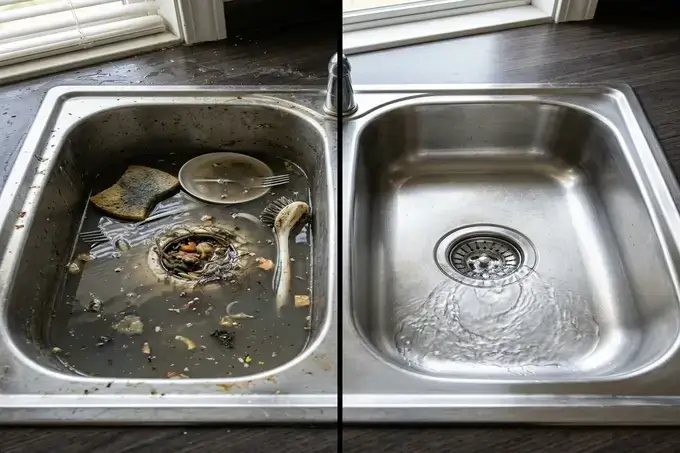 Antes y después: fregadero con agua estancada vs fregadero limpio drenando