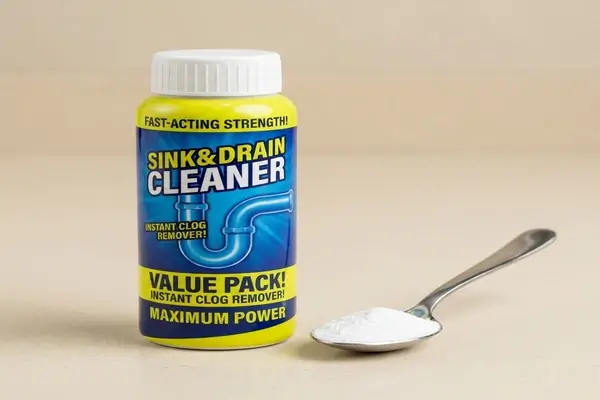 Envase DrenaMax y cuchara con el polvo listo para aplicar