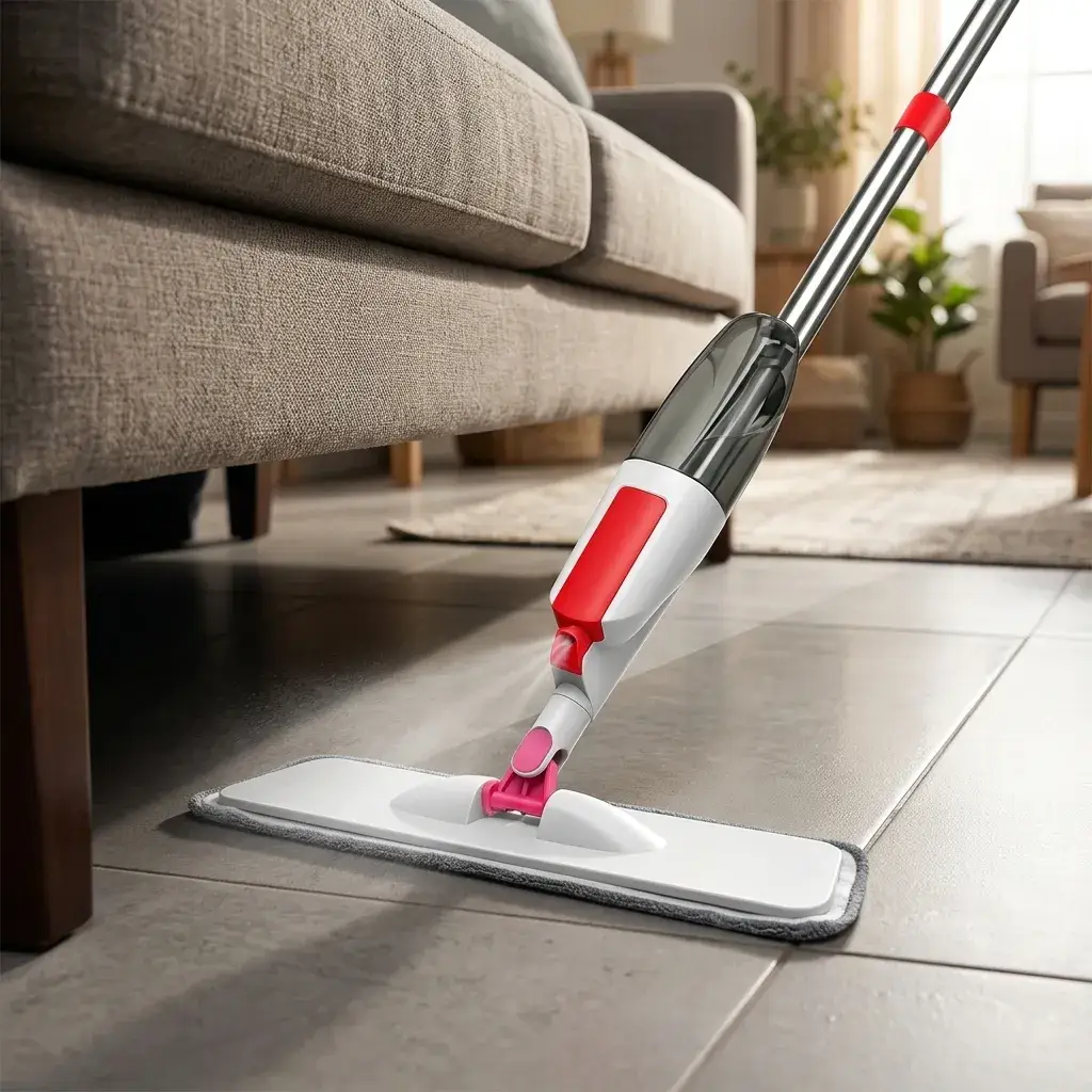 Cabezal de la fregona girando 360 grados debajo de un mueble
