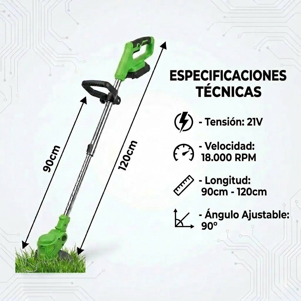 Especificaciones técnicas del RoçaMax Pro: 21V, 18.000 RPM, 90-120 cm, ángulo ajustable 90°