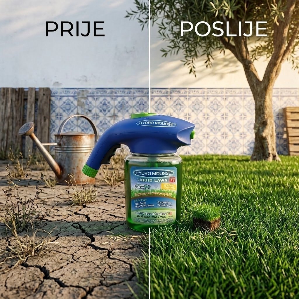 RelvaSpray Pro prije i poslije — smeđi travnjak transformiran u gusti zeleni travnjak