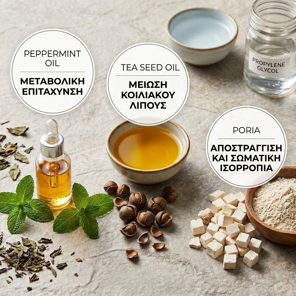 Φυσικά συστατικά του αυτοκόλλητου BurnUp — Έλαιο Τσαγιού, Μέντα, Poria
