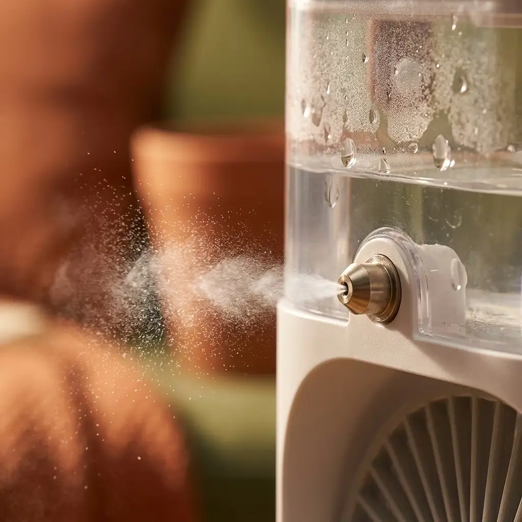 Depósito de agua y salida de neblina en primer plano