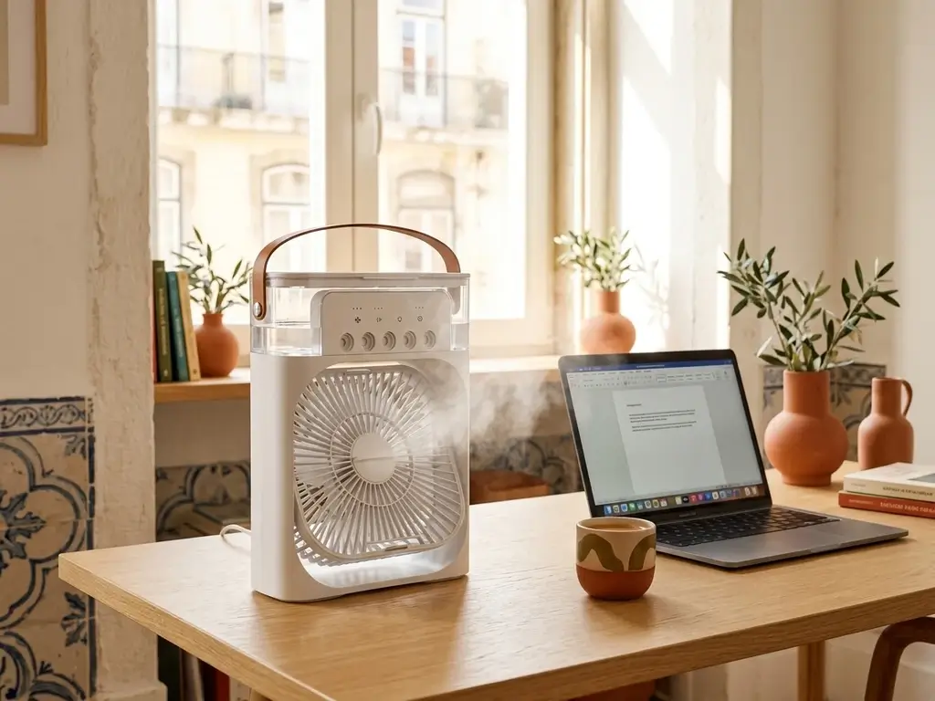 Mini Air Cooler en uso en el escritorio de trabajo