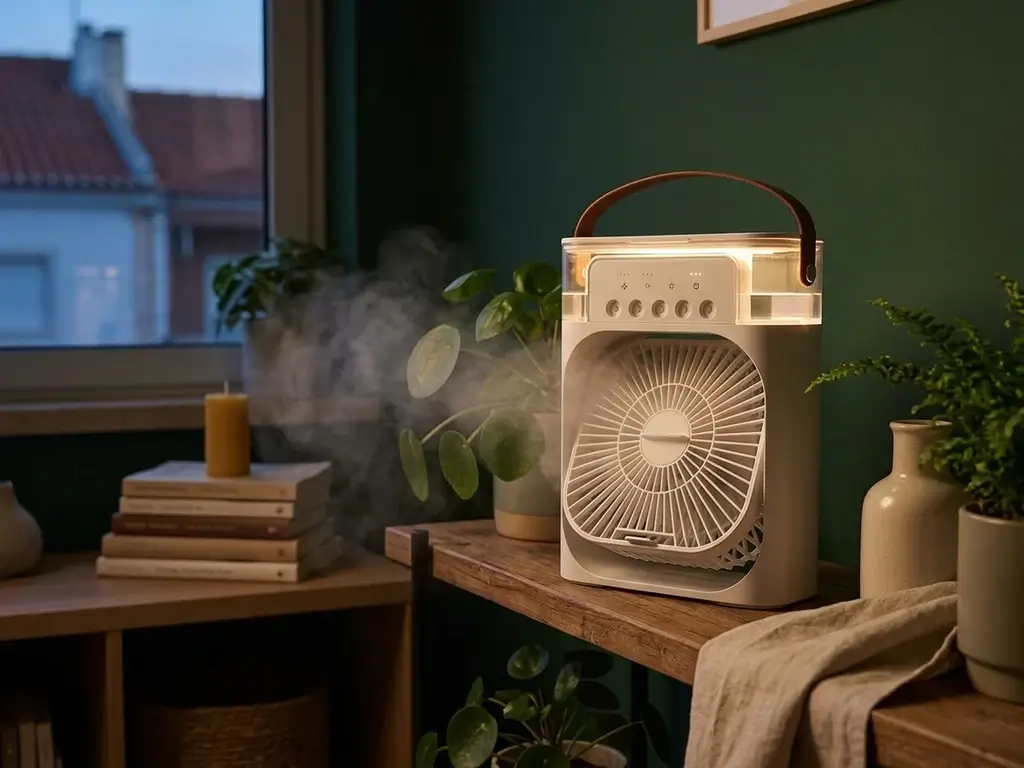 Mini Air Cooler con luz LED suave en el ambiente