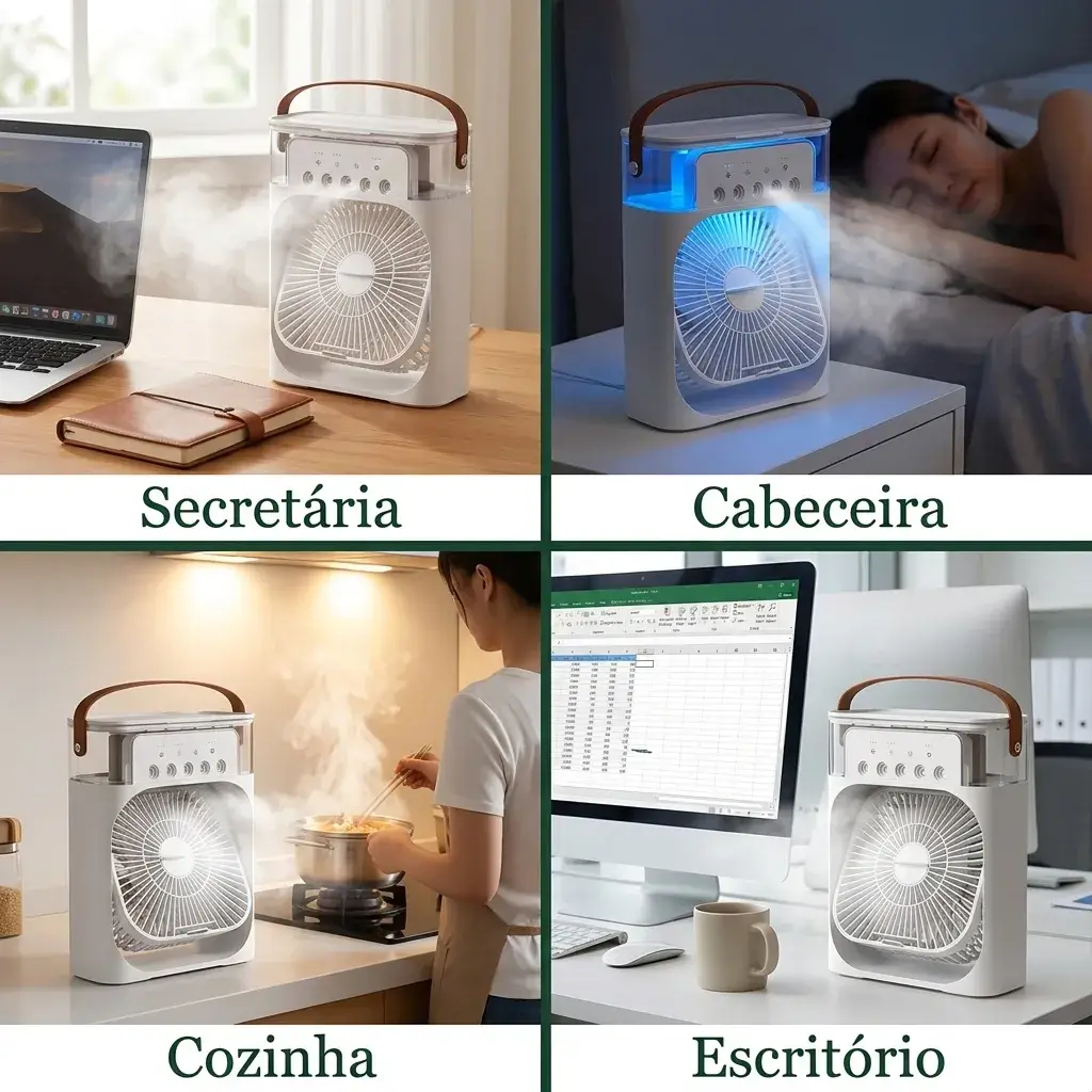 Mini Air Cooler en cuatro escenarios: escritorio, mesilla, cocina y oficina