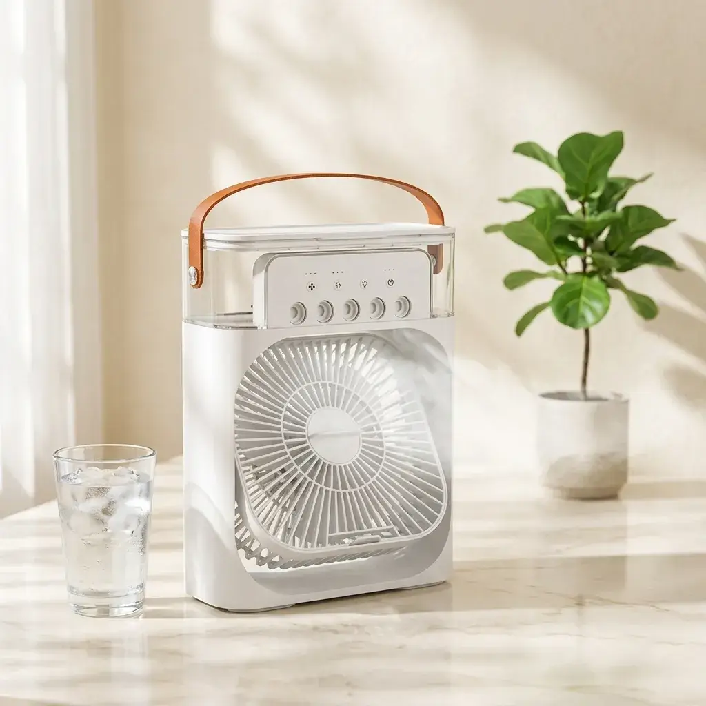 Mini Air Cooler 3 en 1 sobre mármol con niebla fresca