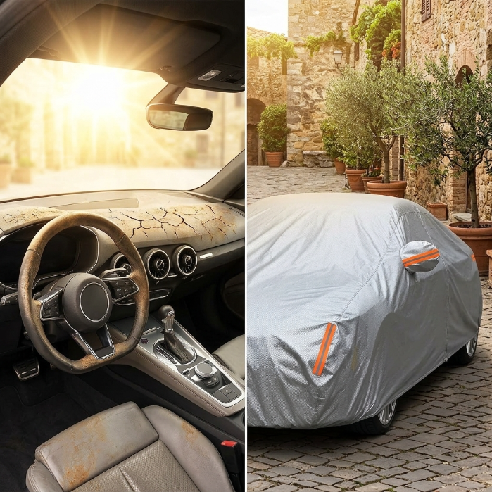 Car Cover Pro instalada en un coche — funda protectora