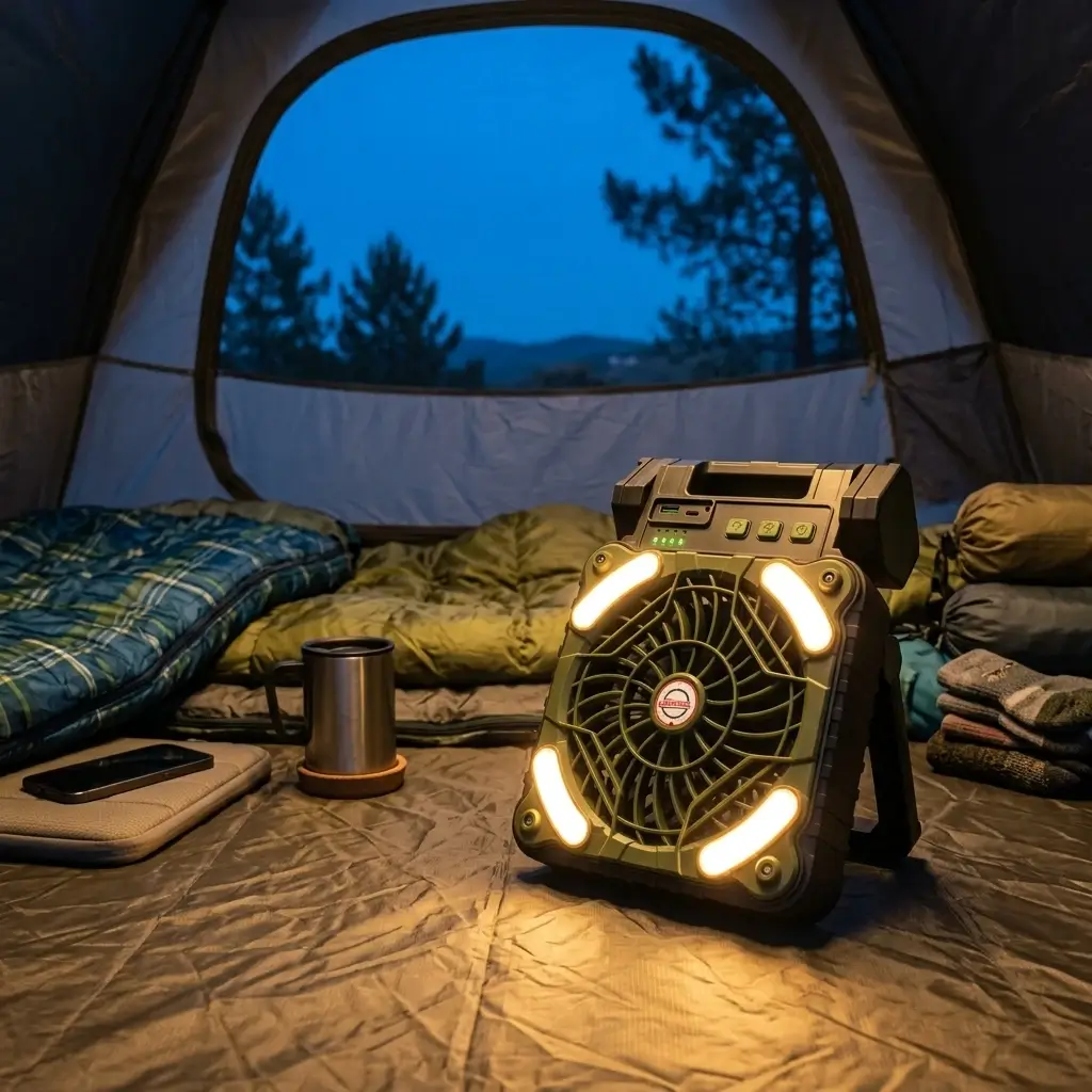 Luz LED del ventilador iluminando una tienda de campaña al anochecer
