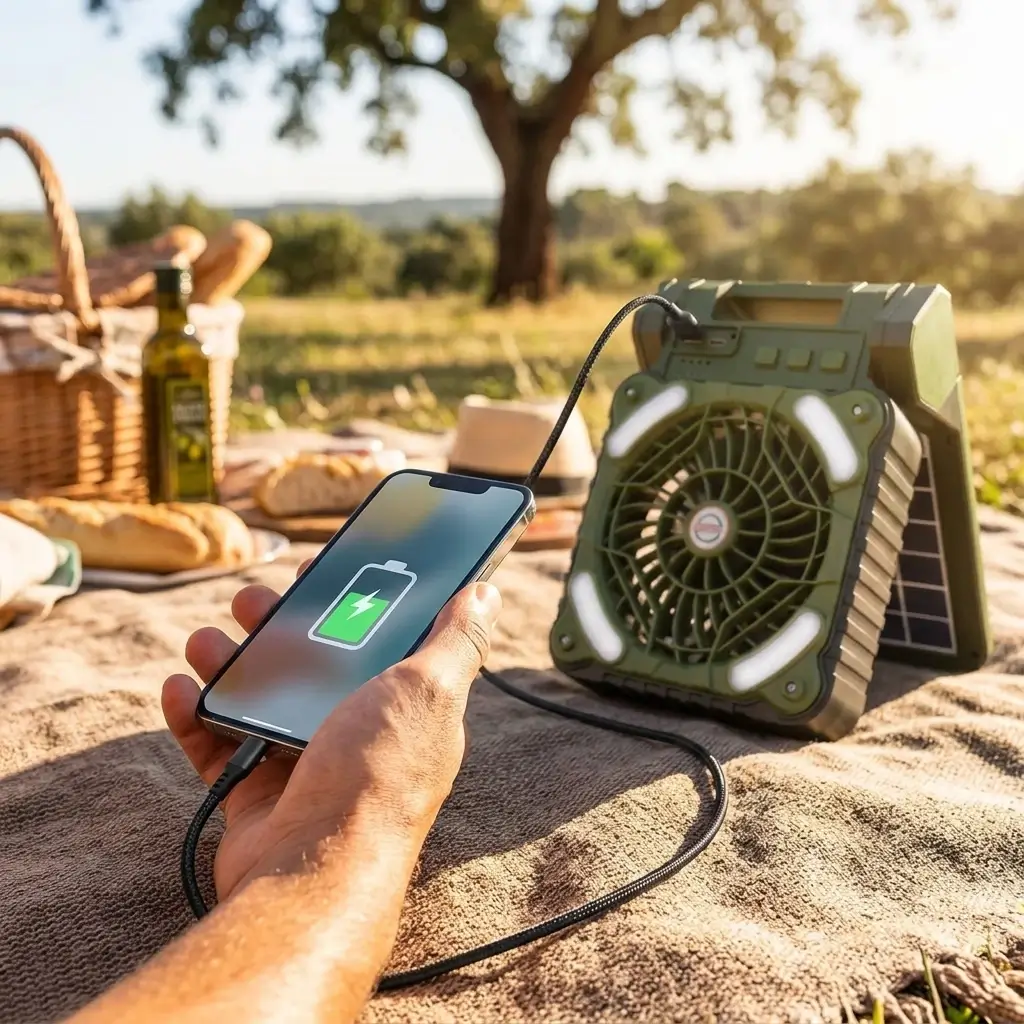 Móvil cargándose en el puerto USB del ventilador solar durante un picnic