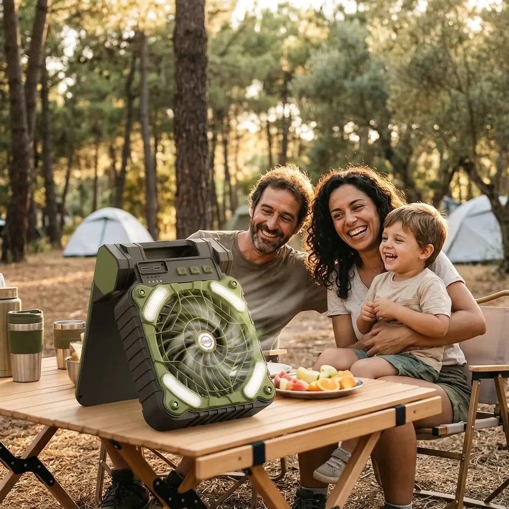 Familia en un camping refrescándose con el ventilador solar al atardecer