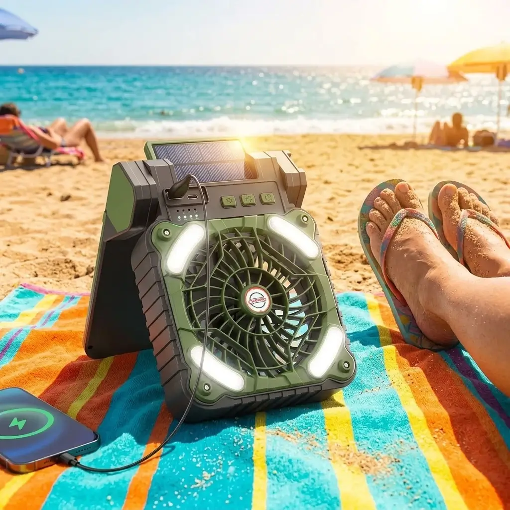 Ventilador solar en la playa con el mar azul al fondo y luz dorada de verano