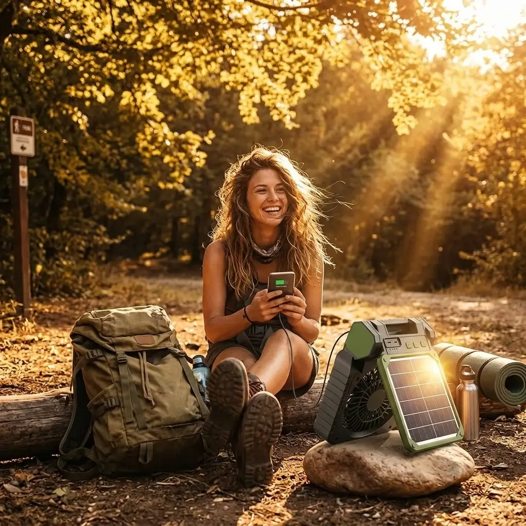 Persona cargando el móvil con el powerbank solar durante una aventura al aire libre