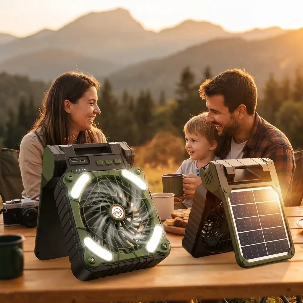 Familia en un camping de verano con el ventilador solar en la mesa al atardecer