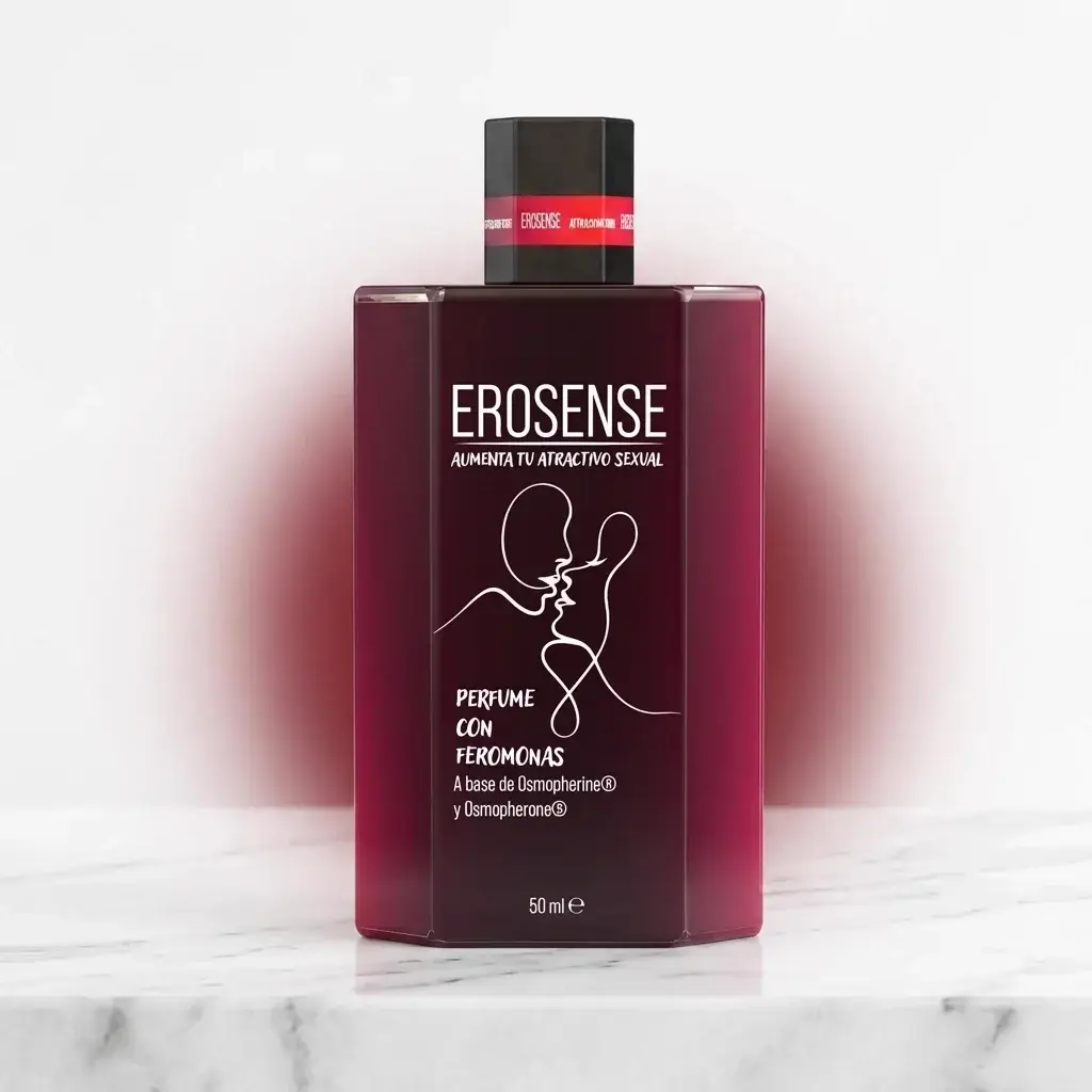Frasco EroSense de 50 ml em vidro cor de vinho sobre mármore branco