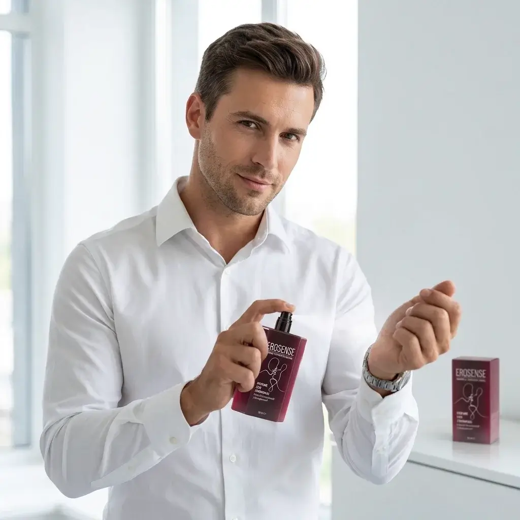 Hombre con camisa blanca aplicándose EroSense en la muñeca