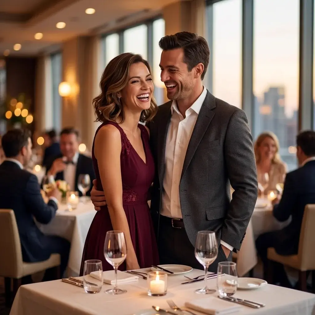 Pareja elegante riendo en la mesa de un restaurante al final del día