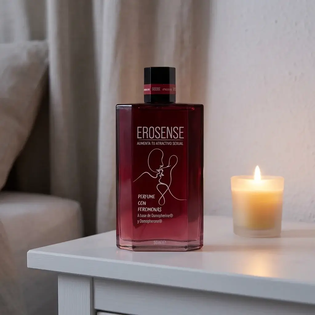 Frasco EroSense en la mesilla de noche junto a una vela encendida