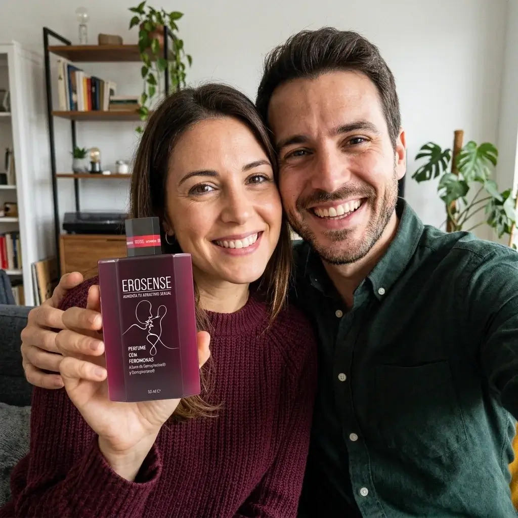 Pareja haciéndose una foto en casa con el frasco EroSense
