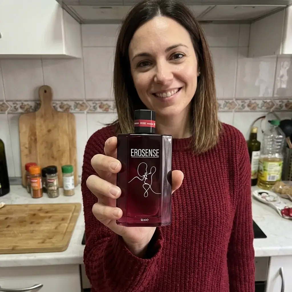 Clienta sujetando el frasco EroSense en la cocina