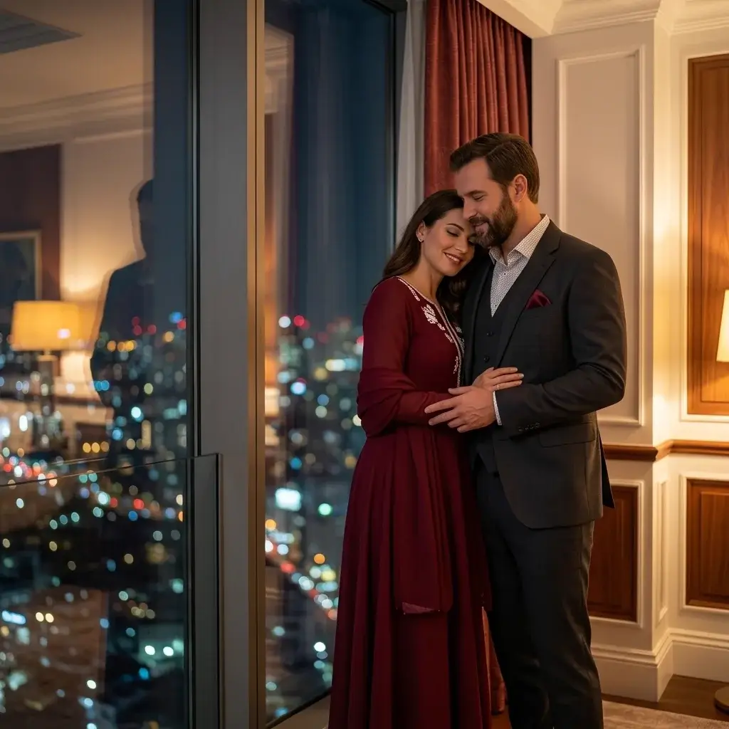 Pareja elegante junta al final de la noche, con la ciudad al fondo