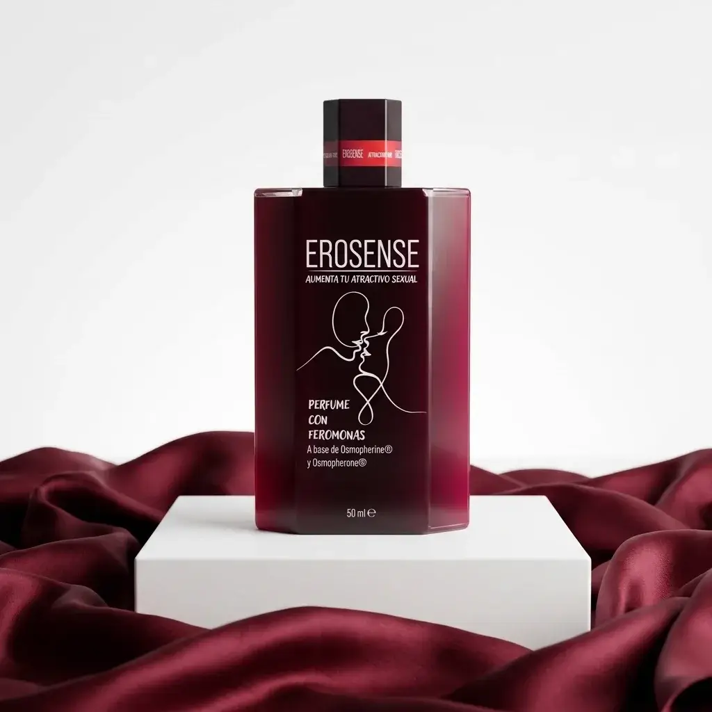 Frasco EroSense sobre seda color vino en un plinto blanco