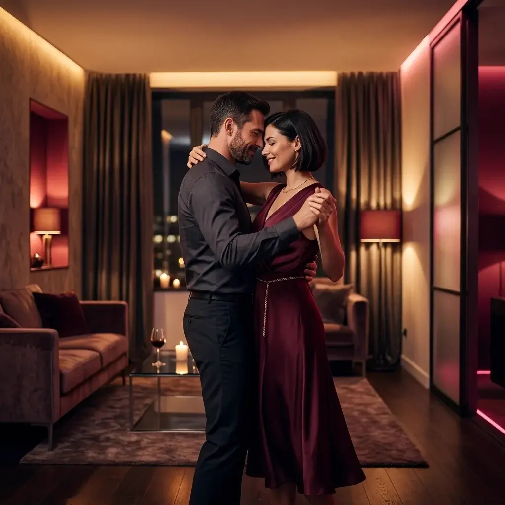 Pareja elegante bailando junta en una sala con luz cálida