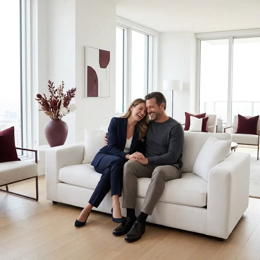 Pareja sentada riendo en un sofá blanco