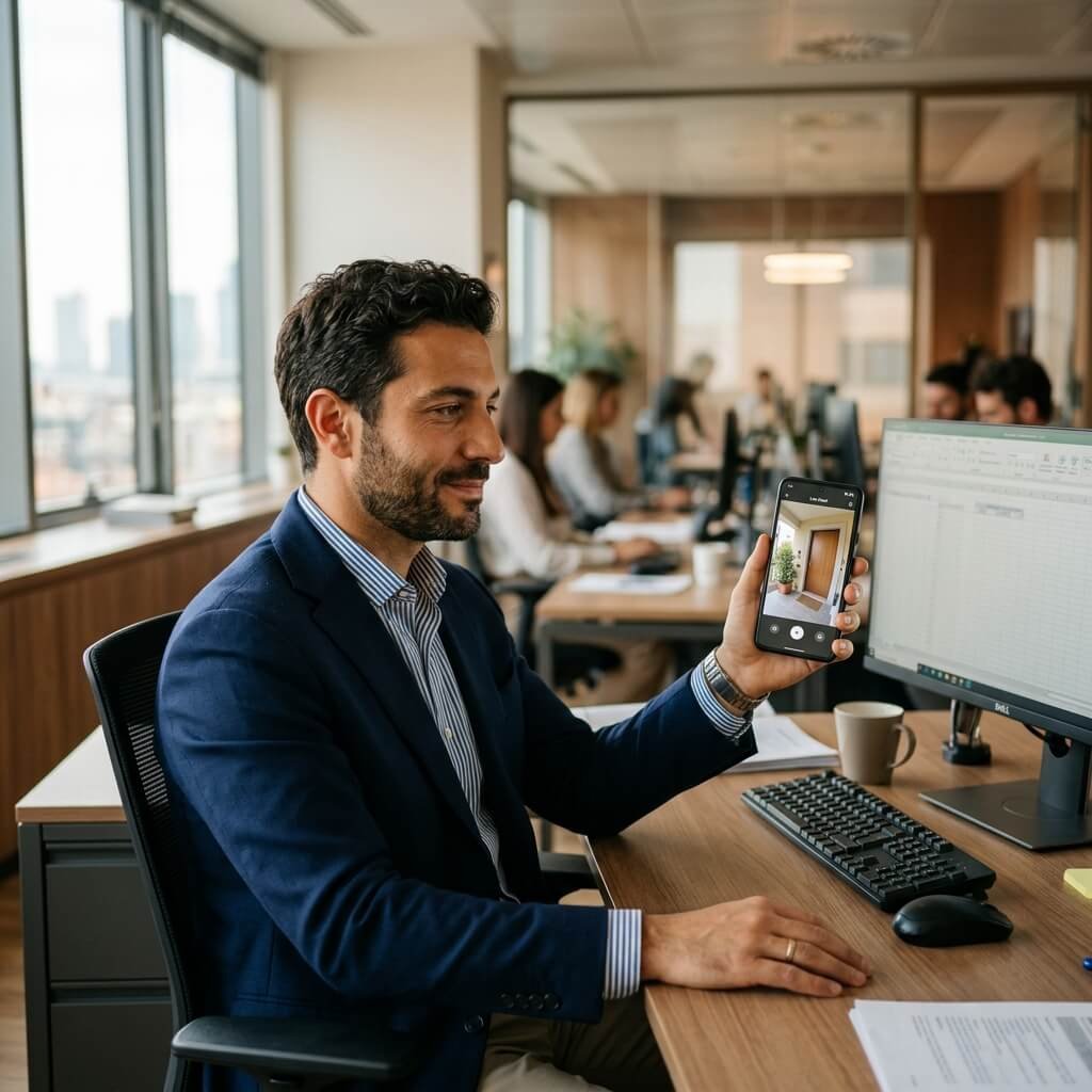 Persona controlla la casa dallo smartphone mentre è al lavoro