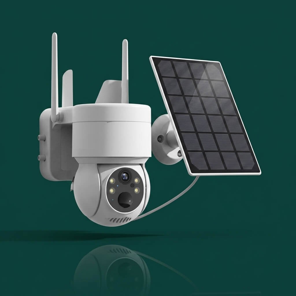 Videocamera solare in primo piano su sfondo verde scuro