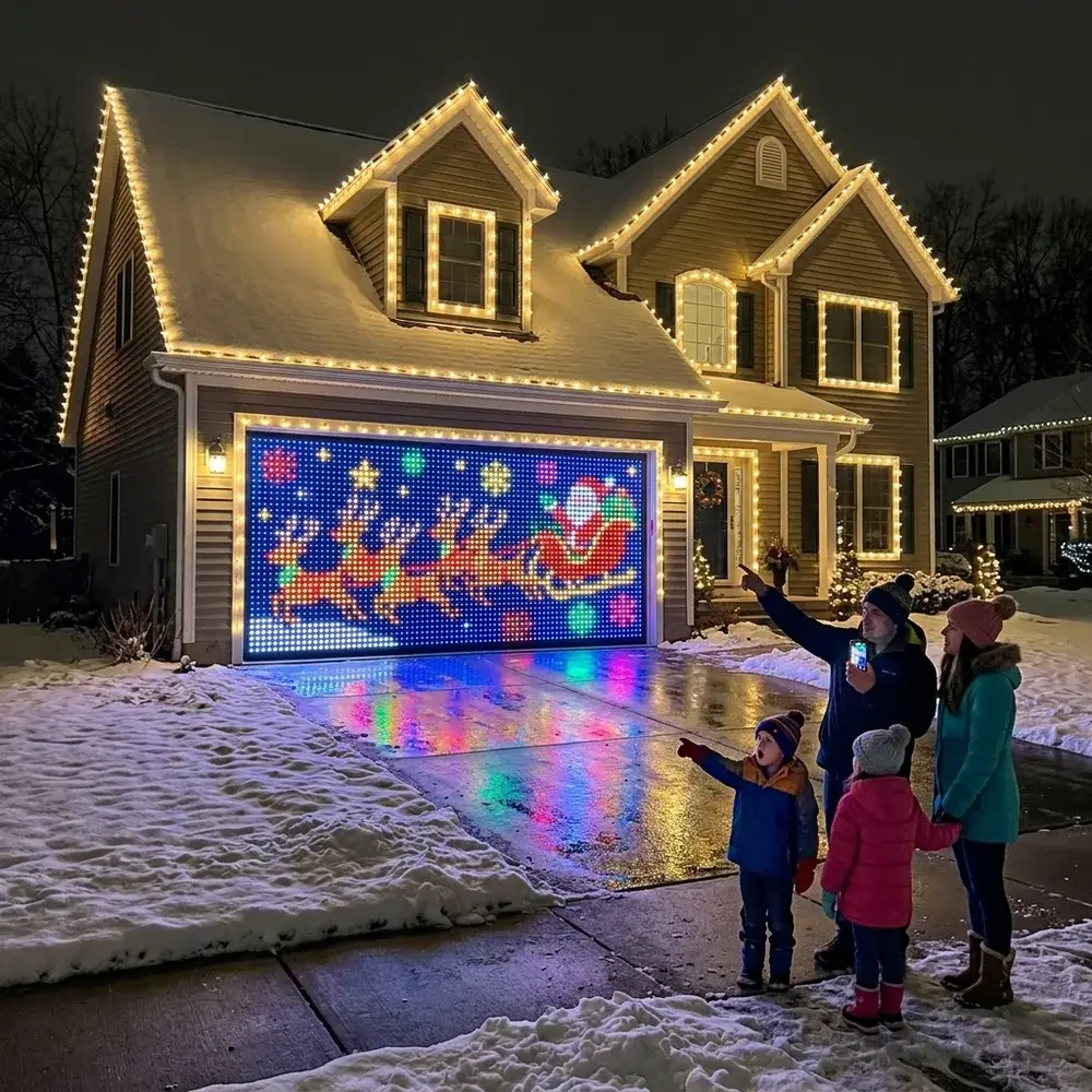 Casa grande de noche con la puerta del garaje cubierta por la cortina de LEDs dibujando a Papá Noel y los renos, y vecinos parándose a mirar