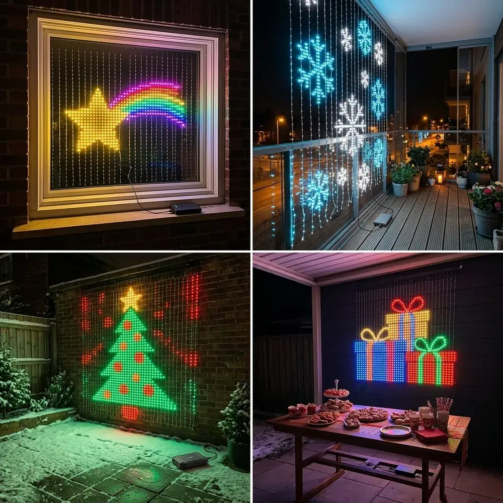 Cuatro dibujos navideños en cuatro lugares: ventana, balcón, patio y mesa de fiesta