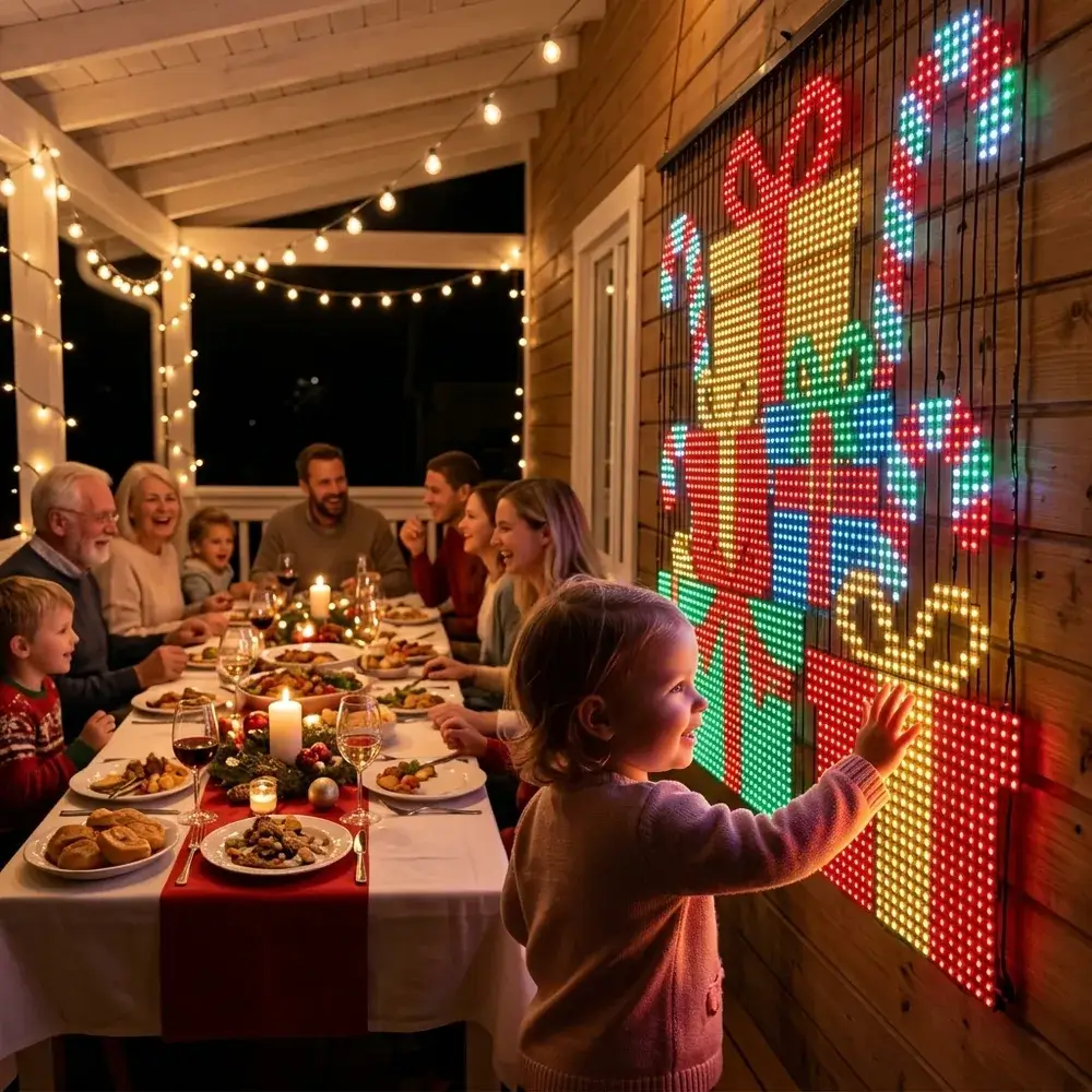 Fiesta familiar de Navidad con una niña tocando las luces, que no se calientan