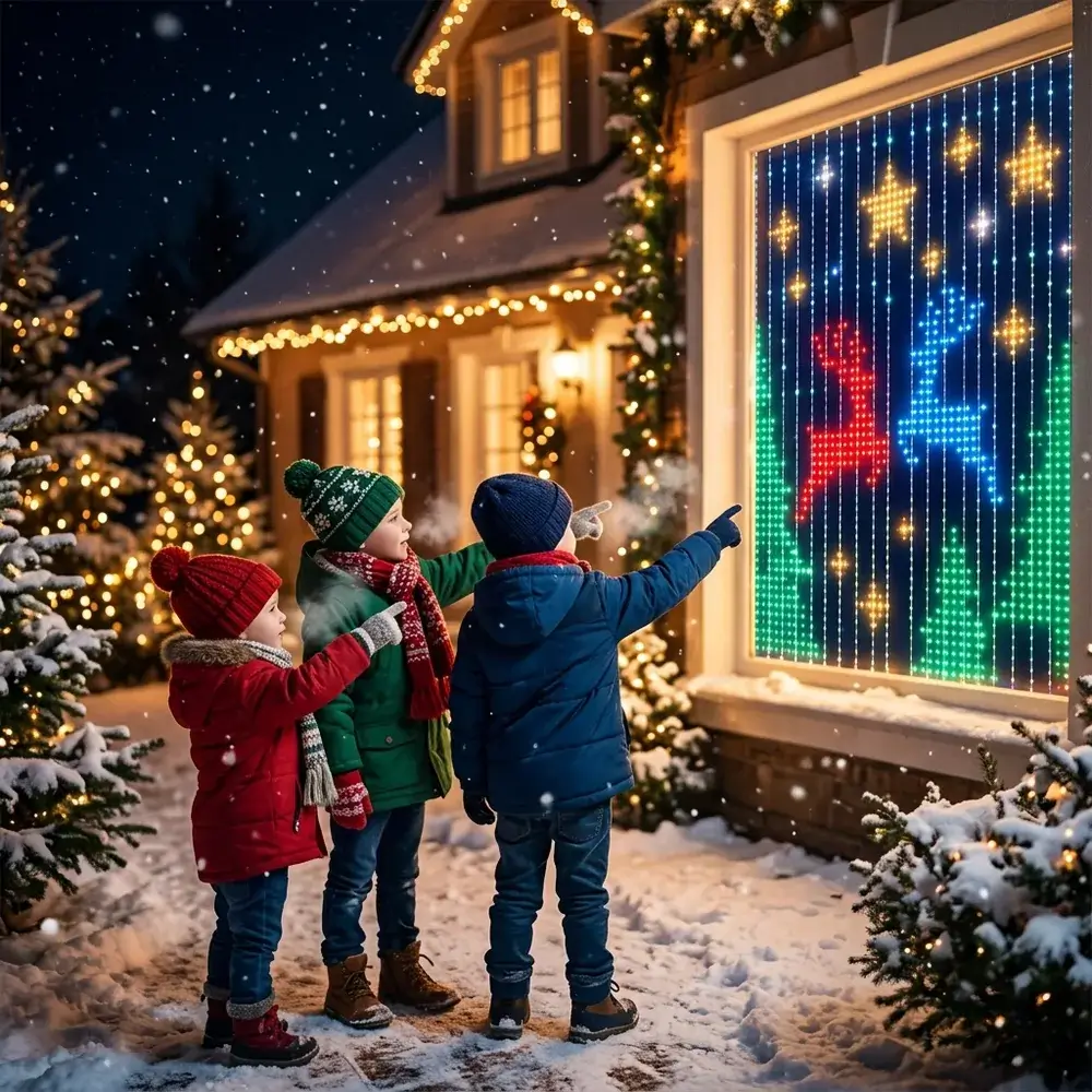 Niños en el jardín señalando los renos de colores dibujados por las luces en la ventana