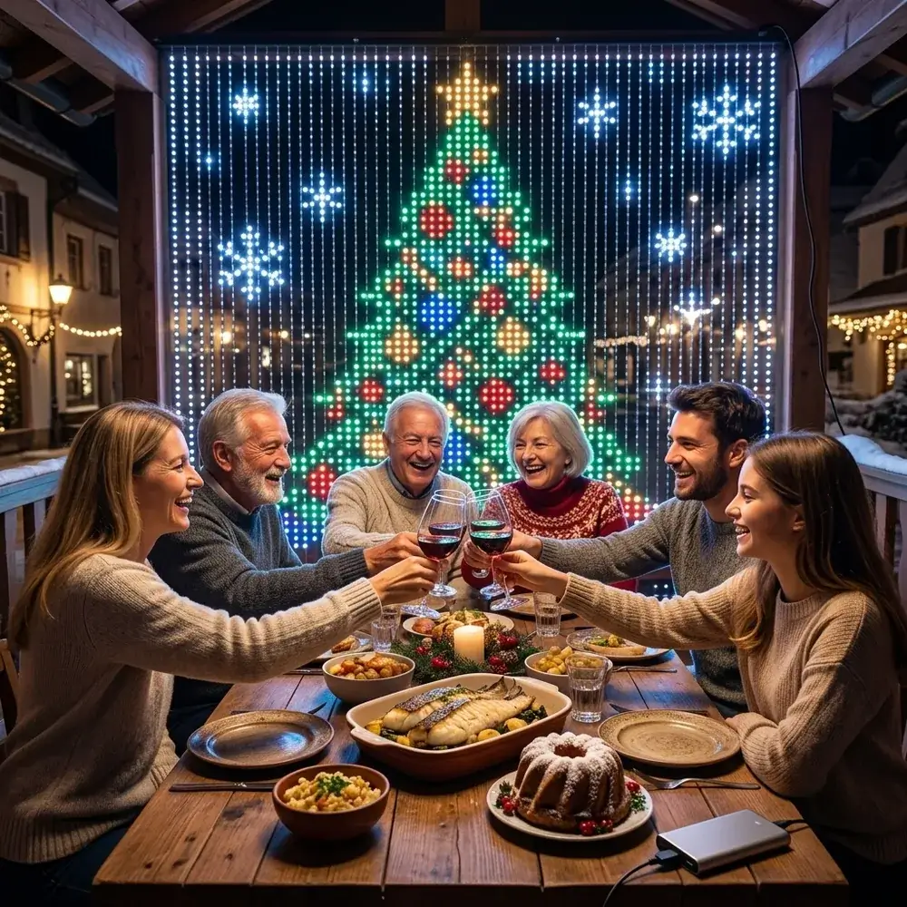Cena de Nochebuena en familia en una terraza con un árbol de Navidad de colores dibujado por las luces