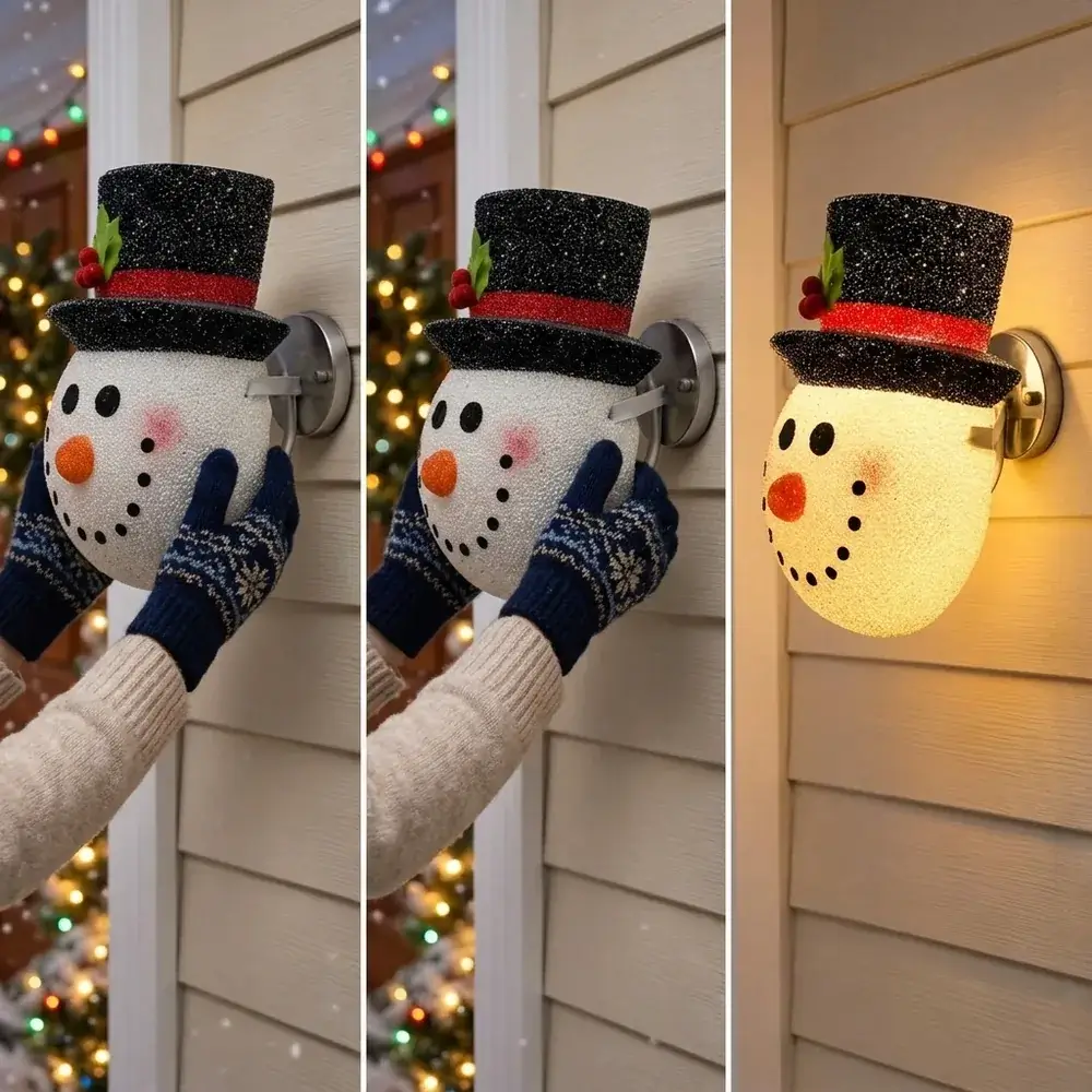 Três passos: encaixar o boneco de neve sobre o candeeiro, prender as fixações e acender a luz da porta