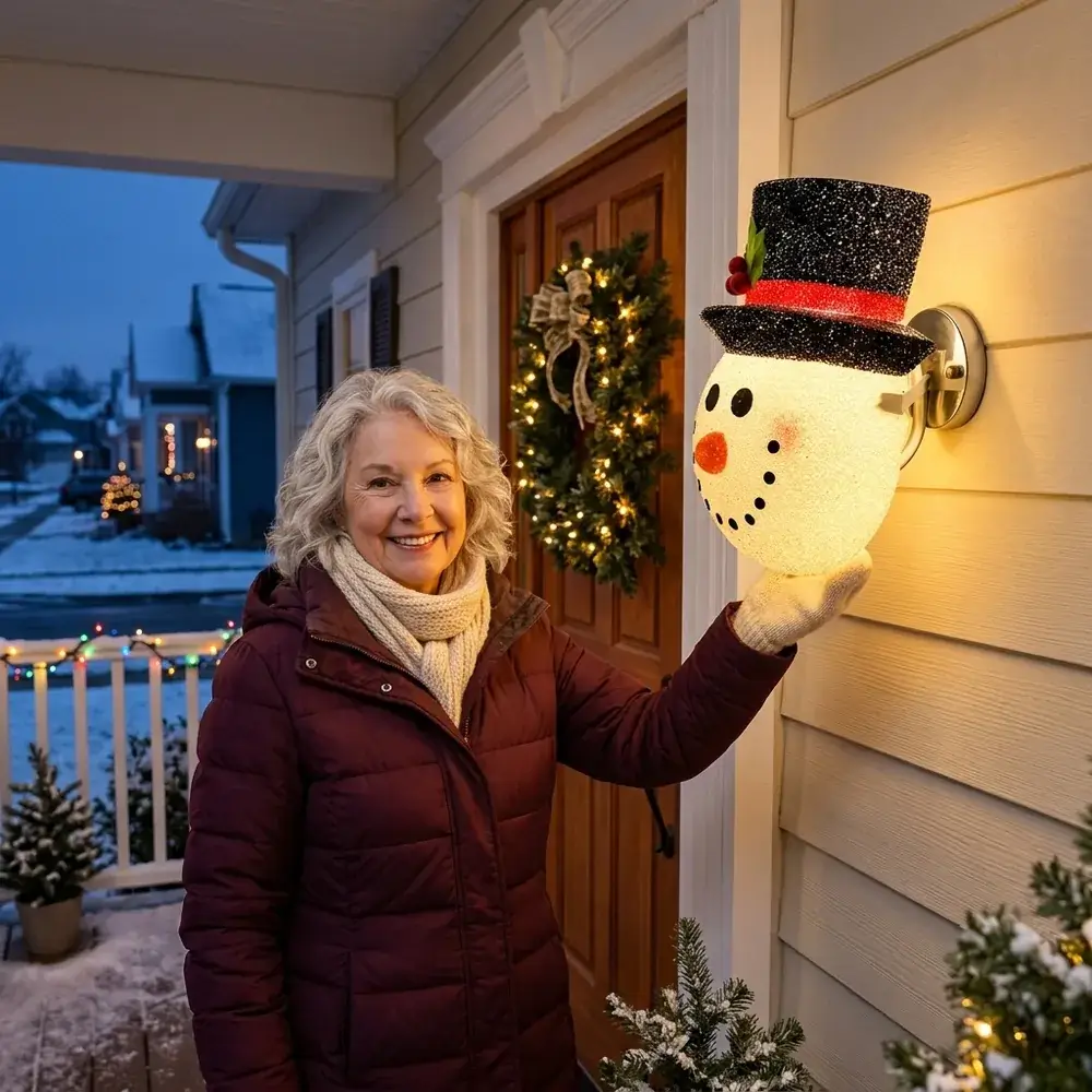 Senhora sorridente ao lado da porta de casa a ajustar o boneco de neve já aceso no candeeiro