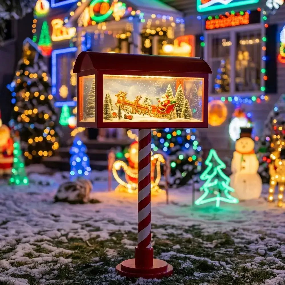 Caixa de correio do Pai Natal acesa no jardim, à noite, com as luzes coloridas da casa desfocadas atrás