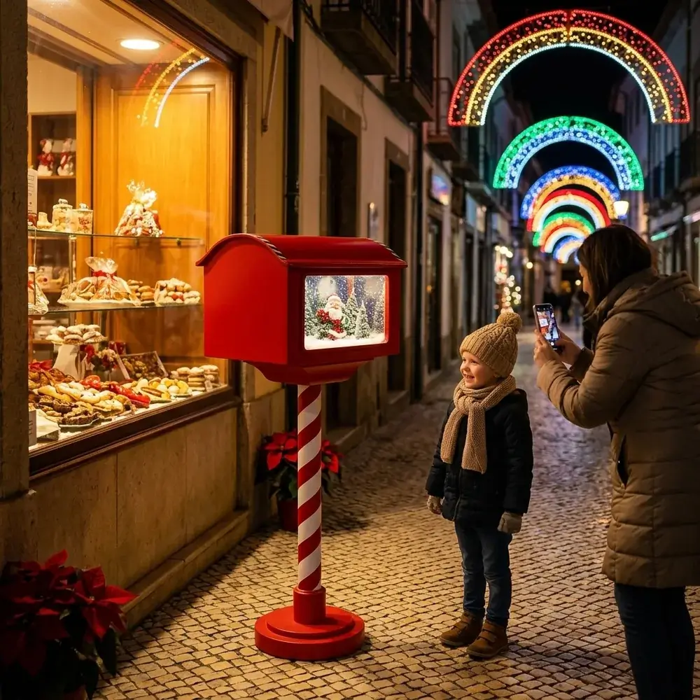 Caixa de correio do Pai Natal acesa à porta de uma pastelaria numa rua iluminada, com uma mãe a fotografar o filho ao lado