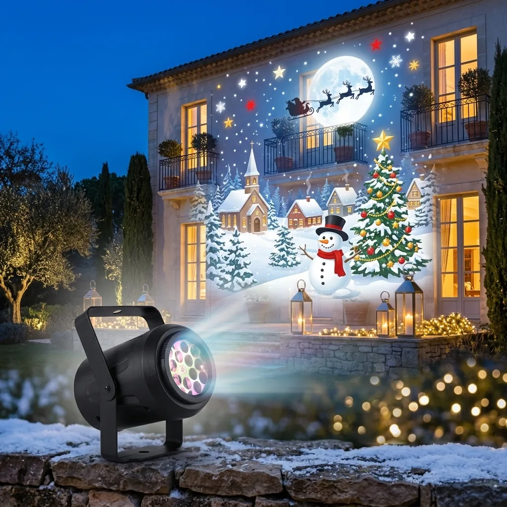 Το SantaLight πάνω σε πέτρινο τοιχάκι προβάλλει στην πρόσοψη μιας μονοκατοικίας ένα χιονισμένο χωριό, έναν χιονάνθρωπο, ένα χριστουγεννιάτικο δέντρο και το έλκηθρο του Άγιου Βασίλη μπροστά στο φεγγάρι
