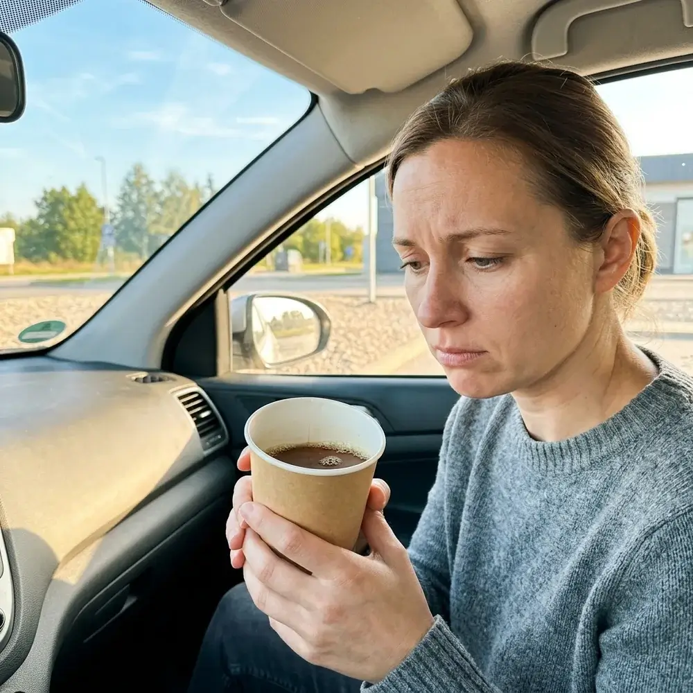 Mujer decepcionada en el coche con un vaso de café aguado de máquina de una gasolinera