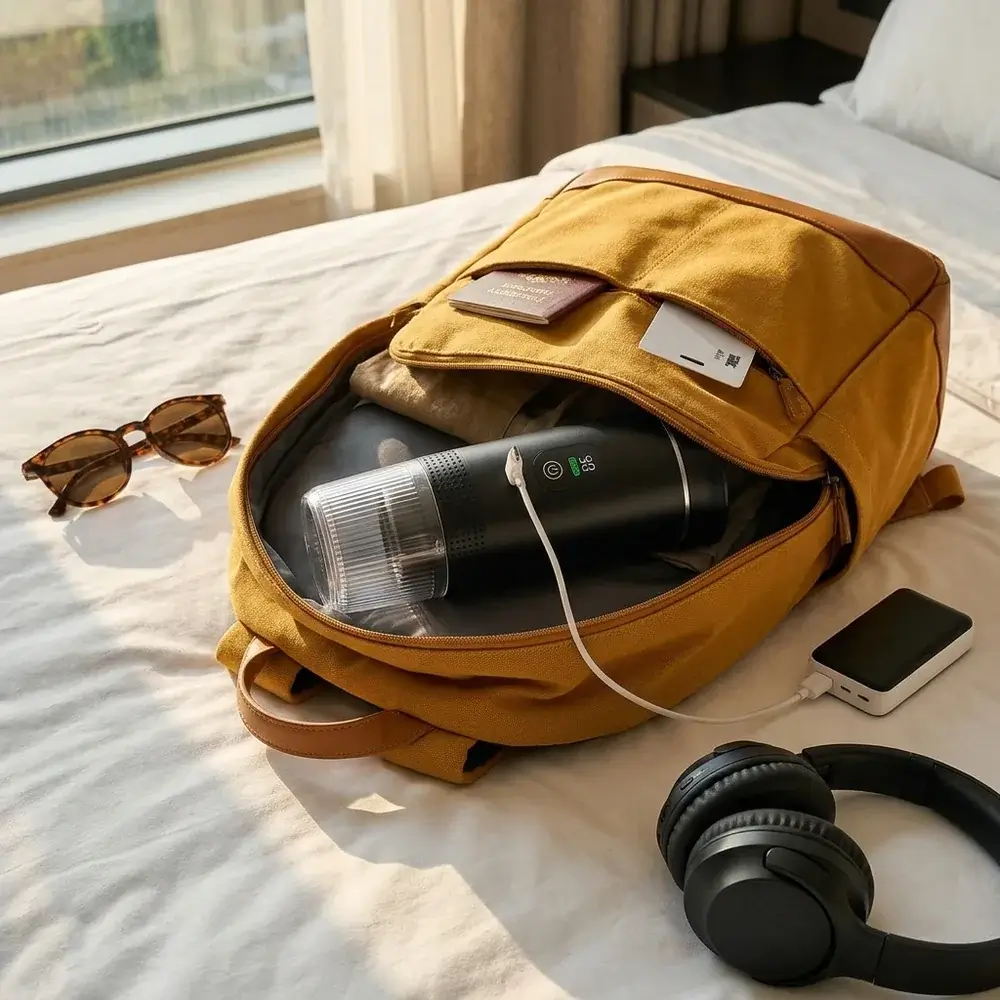 CremaGo cargándose por cable USB-C conectada a un power bank en una mochila amarilla
