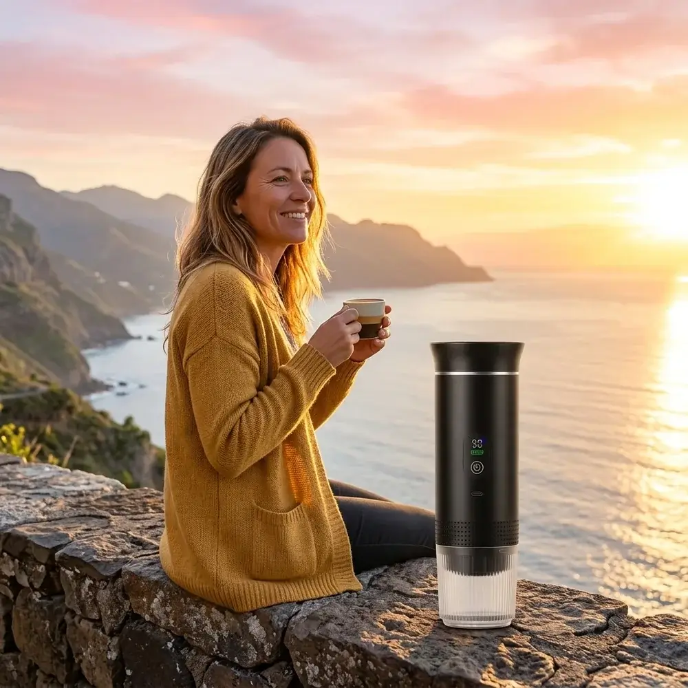 Mujer sonriente en un mirador sobre el mar tomando un espresso preparado con la CremaGo