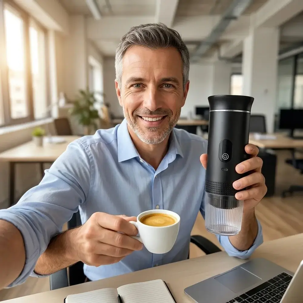 Hombre sonriente en la oficina con la CremaGo y una taza de espresso