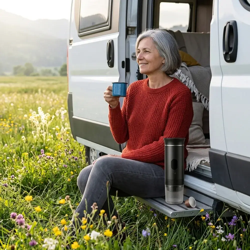 Señora de pelo canoso tomando un espresso en la puerta de una autocaravana