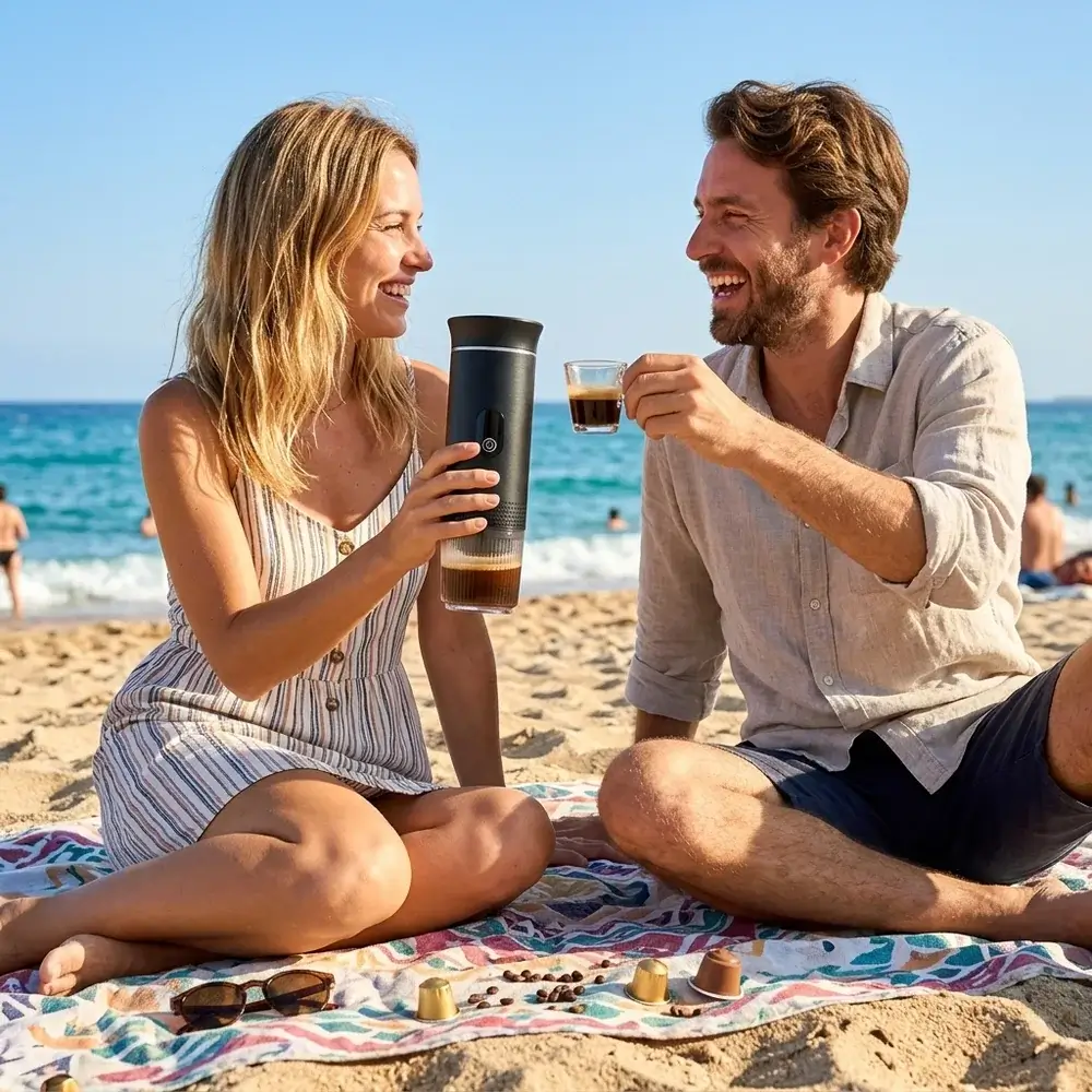 Pareja joven en una playa brindando con un espresso preparado con la CremaGo