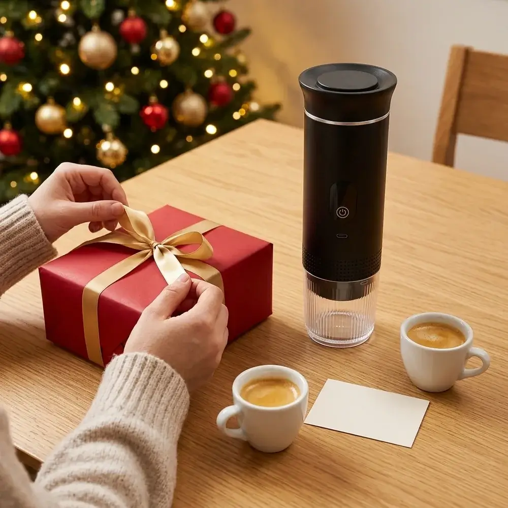 Mãos a desatar o laço de uma caixa de presente vermelha ao lado da CremaGo e de duas chávenas de espresso