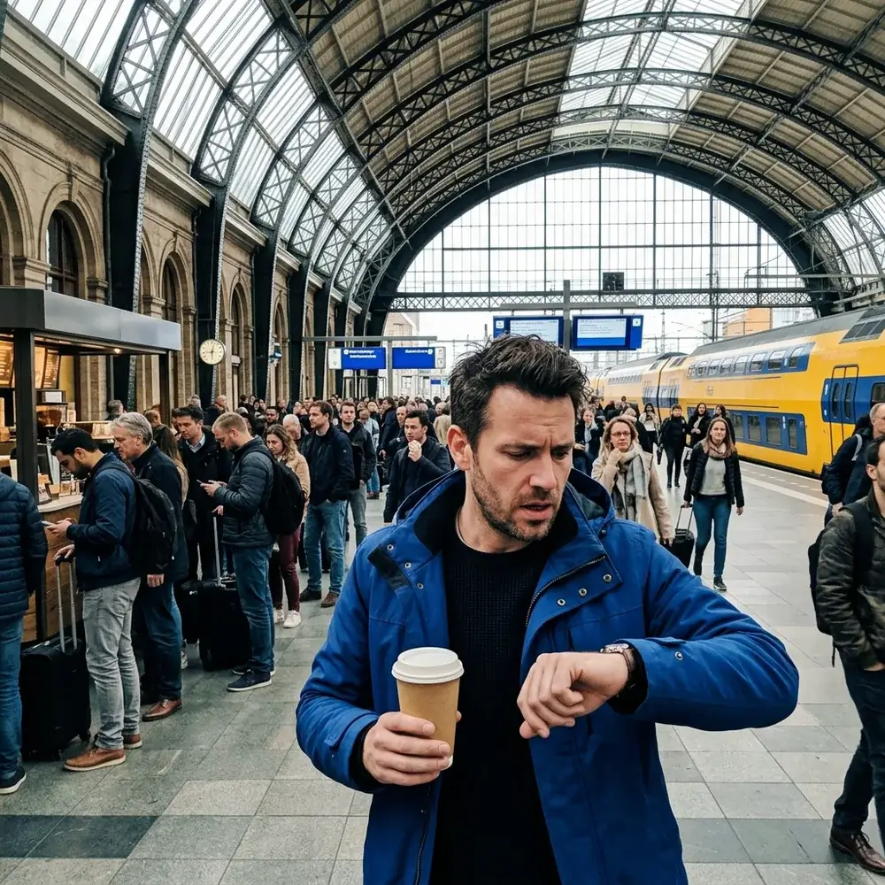Homem impaciente numa fila comprida de um quiosque de café numa estação de comboios